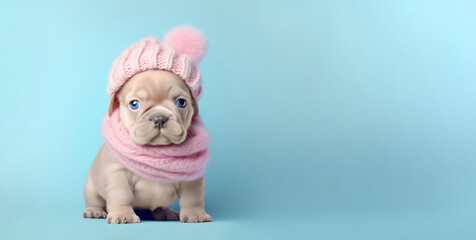 Creative christmas  composition of a A cute, little bulldog, baby puppy in warm winter clothes, symbol of love. Pastel, dog, animal concept on blue background. With space for writing, copy writing