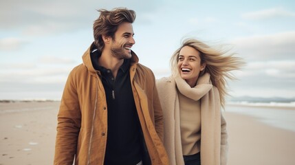 Happy young couple at the beach during the winter - obrazy, fototapety, plakaty
