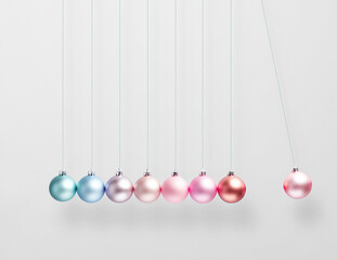 Creative concept. Colorful Christmas baubles decoration. New year minimalism.