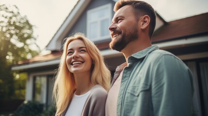 Happy couple in front of their new property - obrazy, fototapety, plakaty