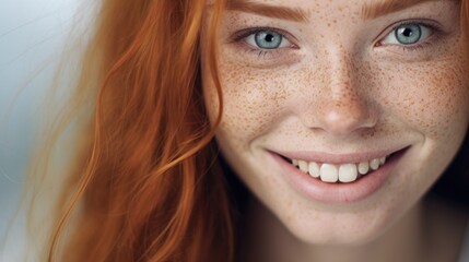 Closeup portrait of a young smiling redhead woman with freckles - obrazy, fototapety, plakaty