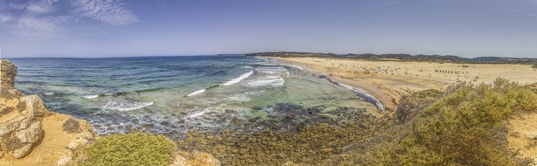 Drone panorama over the surf spot Bordeiras Beach on the Portuguese Atlantic coast during the day