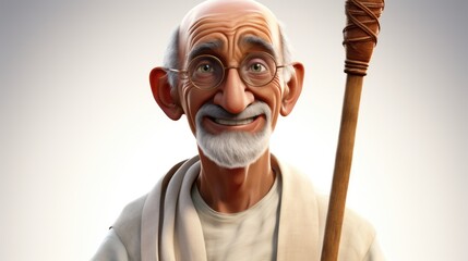 Portrait in cartoon style or oil and watercolor painting of the Great Leader of India - Mahatma...