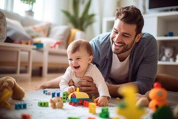 father with his baby playing at home with toys and taking care of his son with love - obrazy, fototapety, plakaty