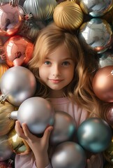 Fototapeta na wymiar Close up of a happy girl surrounded with pastel colored Christmas balls. 