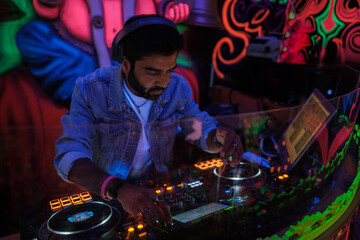 DJ playing music during a night session in a multicolored nightclub. Concept: music, nightlife, leisure, fun