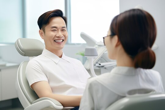 dentist and a patient sitting in chairs for dental service