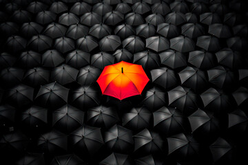 Vivid umbrella standing out in a monochrome crowd.