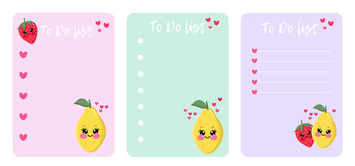 Set of cute note organizer, check list, lined to do list with kawaii lemon and strawberry. Printable kids checklist. Scrapbook, diary, page notebook, daily planner. Kawaii stationery for children