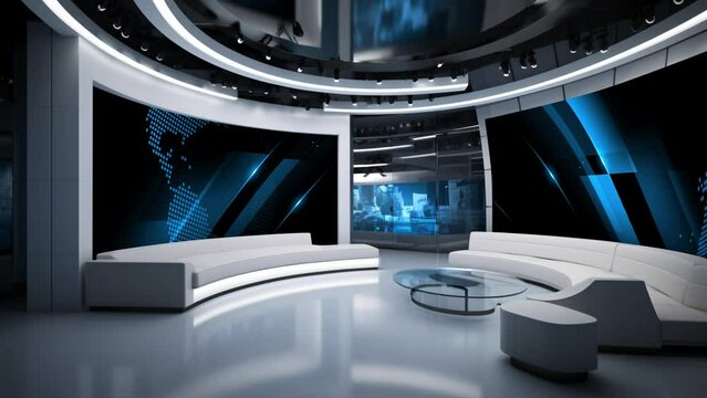 Tv studio. News room. Studio Background. Newsroom bakground. Backdrop for any green screen or chroma key video production. Loop. 3D rendering. 
