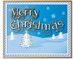 Christmas Card Design with Pretty, Fancy, Floral Swirling Type that Reads, Merry Christmas and an illustration of snow covered hills and christmas trees