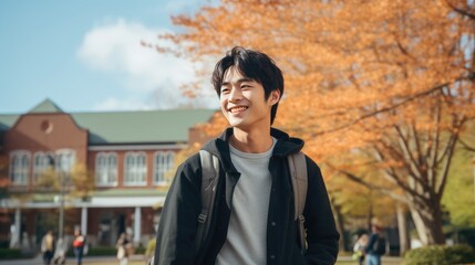 Fototapeta premium Portrait of a young Asian male university student outdoors
