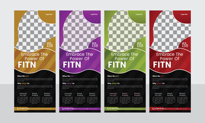 modern and trend fitness or gym roll up banner design template vector file 