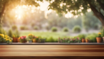 Empty wood table in focus, blurred garden background. Horizontal blank wooden scene, defocused backyard flowers. Hardwood platform for presentation product. Oak podium, generated by AI