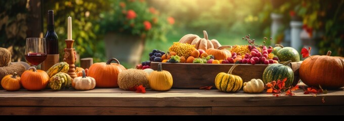 an autumn table with pumpkins, apples, and other fall foods Generative AI - obrazy, fototapety, plakaty