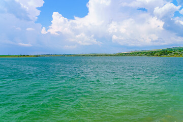 Calm river. Background with selective focus and copy space