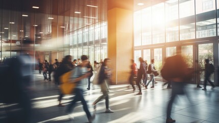 Blurred photograph of a group of students in a university hallway