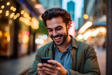 Fototapeta premium Happy man with smile uses a smart cellphone for messaging outdoor