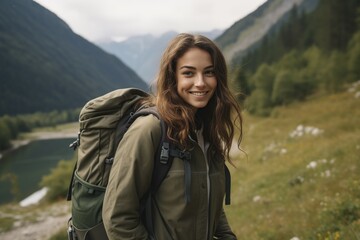 Naklejka premium happy woman smile at the camping with backpack