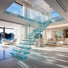 salon d'une maison luxueuse avec un escalier en verre -  IA Generative - obrazy, fototapety, plakaty
