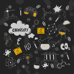 Hand drawn set for school and students. Back to school illustration. Chemistry and science school supplies and creative elements in doodle style