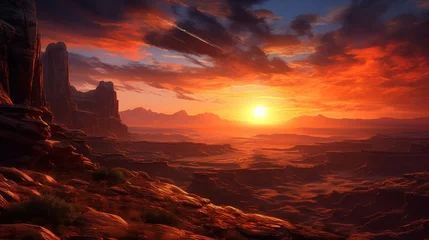 Zelfklevend Fotobehang Breathtaking canyon sunset, spooky rock formations Game Art © Damian Sobczyk