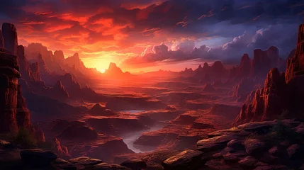 Fotobehang Breathtaking canyon sunset, spooky rock formations Game Art © Damian Sobczyk