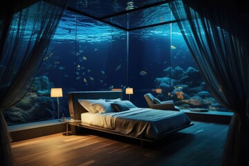 The ethereal glow of a massive saler aquarium envelops a luxuriously oversized master bedroom,...