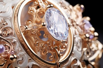A symphony of elegance unfolds as the carriages intricate royal crest emerges, intricately crafted with glistening gemstones that wink in the afternoon sunlight.