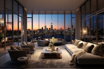 Reflecting the grandeur of urban living, the portrait showcases a sumptuous penthouse offering a frontrow seat to the vibrant energy of a sprawling city, its panoramic views a testament