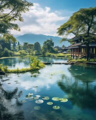 Obraz premium Indulge in an ethereal experience, as you glide over a secret sanctuary of nature, where azure lakes meet lush meadows, leaving you breathless in awe.