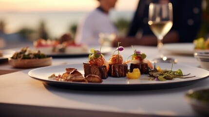 Clad in designer swimwear, a fashionable duo indulge in a gourmet fivecourse meal prepared by a master chef, savoring each bite against the backdrop of the crystalclear ocean.