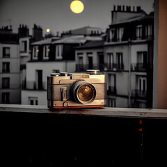 Vintage Camera and Parisian Rooftops at Night. Generative AI.