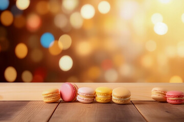 Row of colorful macarons on the wooden table, abstract festive bokeh lights background. Generative AI
