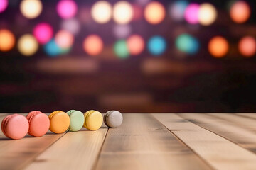 Row of colorful macarons on the wooden table, abstract festive bokeh lights background, copyspace. Generative AI
