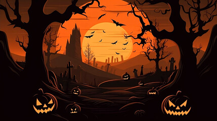Halloween background. Halloween wallpaper with pumpkins, spooky houses and ghosts. Generative AI