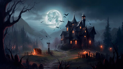 Halloween background. Halloween wallpaper with pumpkins, spooky houses and ghosts. Generative AI