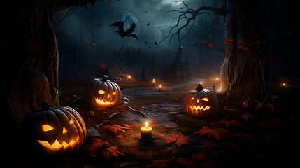 Halloween background. Halloween wallpaper with pumpkins, spooky houses and ghosts. Generative AI