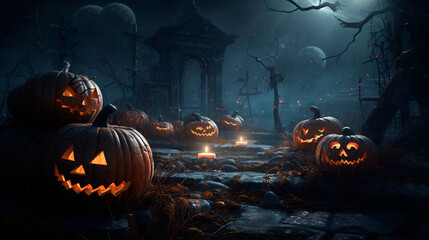 Halloween background. Halloween wallpaper with pumpkins, spooky houses and ghosts. Generative AI