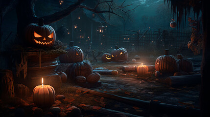 Halloween background. Halloween wallpaper with pumpkins, spooky houses and ghosts. Generative AI