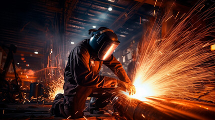 welder in uniform with sparks in metal factory, closeup - obrazy, fototapety, plakaty