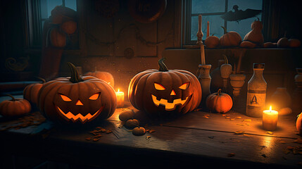 Halloween background. Halloween wallpaper with pumpkins, spooky houses and ghosts. Generative AI