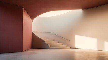 Interior landing area at the bottom of a spiraling wide staircase