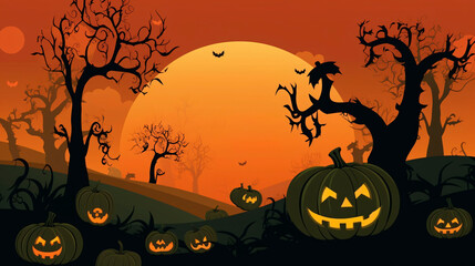 Halloween background. Halloween wallpaper with pumpkins, spooky houses and ghosts. Generative AI