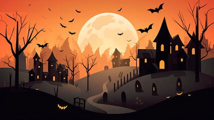 Halloween background. Halloween wallpaper with pumpkins, spooky houses and ghosts. Generative AI