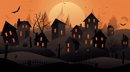 Halloween background. Halloween wallpaper with pumpkins, spooky houses and ghosts. Generative AI
