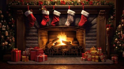 Fireplace with Christmas stockings and decorations