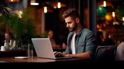 young businessman working with laptop in cafe