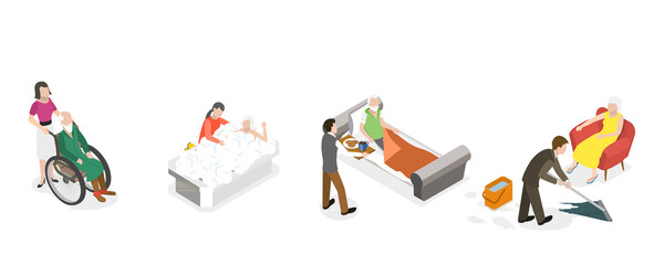 3D Isometric Flat  Conceptual Illustration of Elderly Care, Caregivers Assisting Seniors