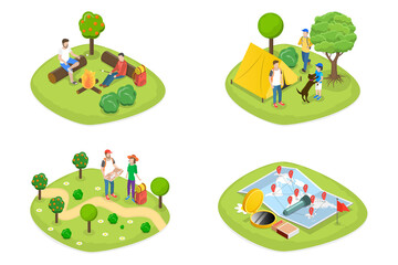 3D Isometric Flat  Set of Trail Adventures, Tourist Camping or Trekking Activity